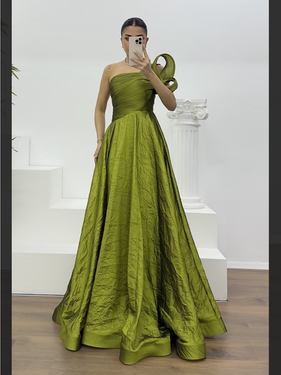 Dresses & Skirts - One-Shoulder Olive Green Ball Gown Dress